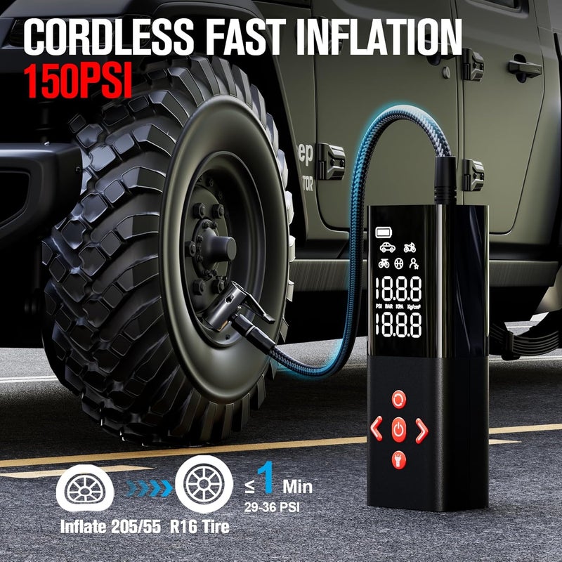 GOOLOO AP150 Tire Inflator Portable Air Compressor, 2X Faster 150PSI Cordless Air Pump for Car Tires with Auto-Shutoff, Portable Tire Pump with Digital Pressure Gauge for Car, Motorcycle,Bike, Ball - Image 2